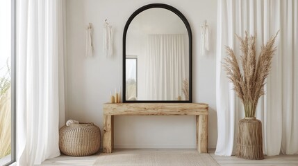 Minimalist Interior Design with Arched Mirror and Pampas Grass