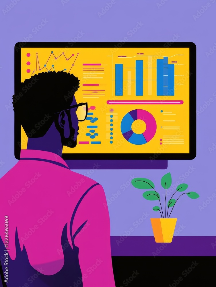 Poster professional analysis in a modern office environment - a person analyzing data on a screen with colo