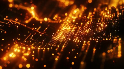 Obraz premium Abstract golden network with glowing dots and lines on a dark background creating intricate patterns