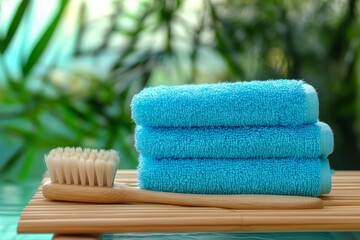 Refreshing Spa Essentials for Relaxation - A serene display of soft blue towels stacked neatly beside a natural bamboo toothbrush, creating a calming spa atmosphere.