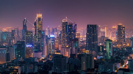 Nighttime panorama of a vibrant city with numerous illuminated skyscrapers and buildings