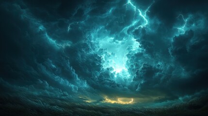 Highly realistic images, storm clouds and lightning in the sky seen from the window of a plane at an altitude of 30,000 meters above sea level