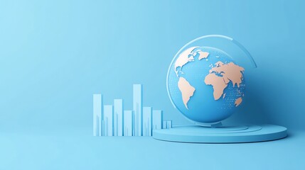 A modern globe with an orange landmass sits against a blue background, accompanied by a transparent bar graph, symbolizing data and global insights.
