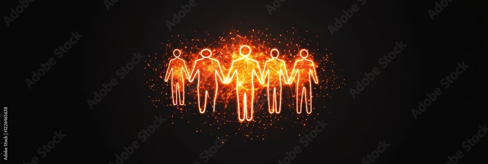 Poster unity in diversity concept with neon figures - a vibrant depiction of glowing figures holding hands 