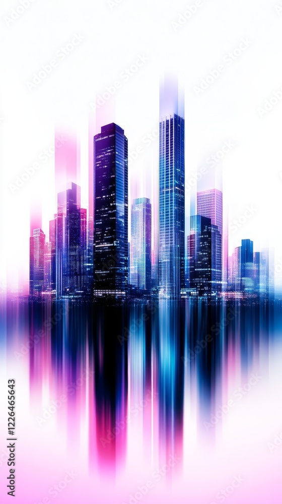 Poster Urban Skyline with Colorful Reflection - An artistic representation of a modern skyline with vibrant colors and reflections on a serene surface.