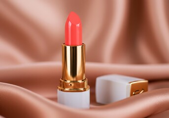 Luxury lipstick in coral pink shade with gold and white packaging on soft silky background in studio lighting