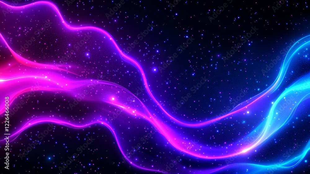 Poster vibrant neon waves in cosmic space - a mesmerizing display of dynamic neon waves in a starry cosmic 