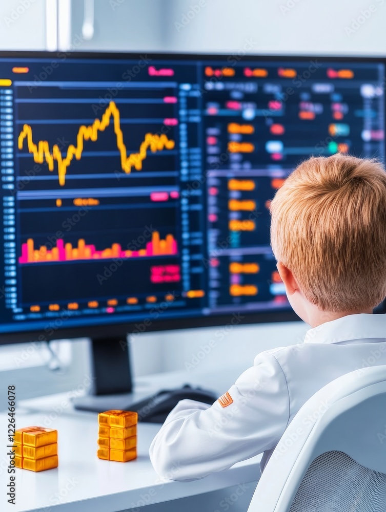 Poster young boy engaging with financial data at computer - a young boy thoughtfully observing financial gr