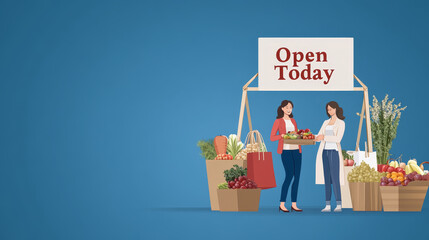Women at Market Stall with Fresh Produce - This image features two women at a market stall surrounded by fresh fruits and vegetables, promoting local produce.