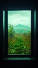Serene Countryside View from Train Window  Lush Green Landscape  Rolling Hills  Cloudy Sky
