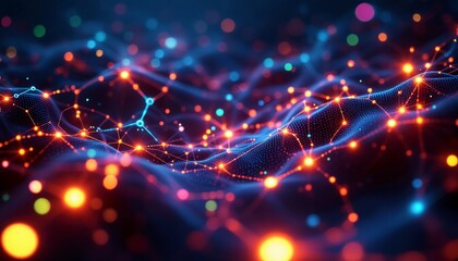 Abstract digital network with interconnected nodes and vibrant colors