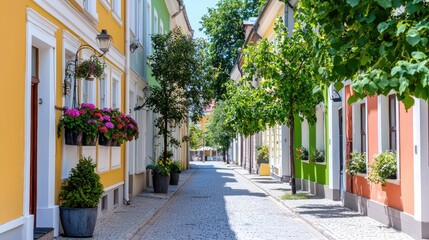 Fototapeta premium Colorful historic buildings line a quiet cobblestone alleyway in a European town during a sunny day.
