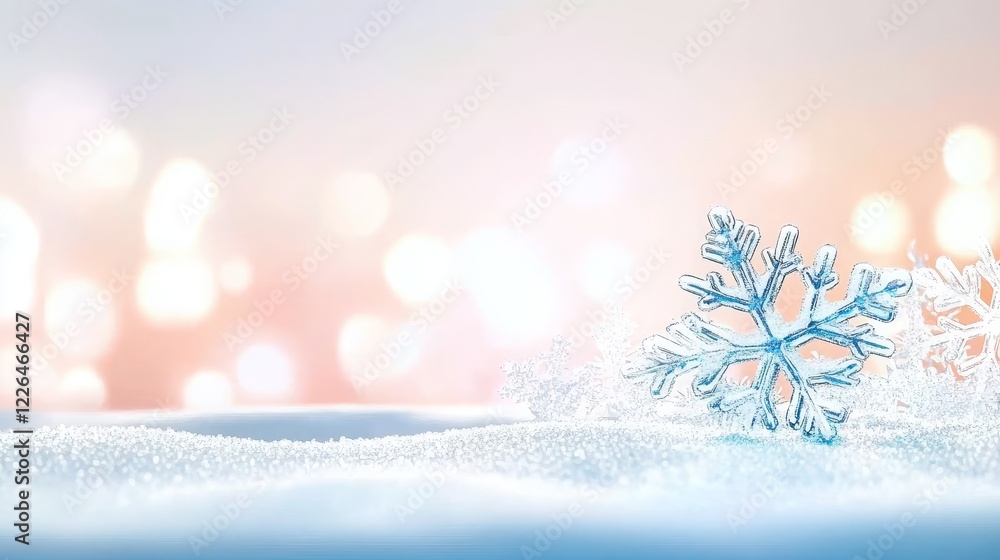 Aufkleber a close-up of a delicate blue snowflake resting on soft snow - a close-up view of a delicate blue sn