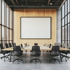 Modern conference room with large blank screen, wooden wall, and city view.