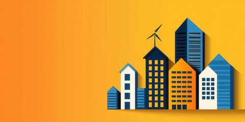 clean energy solar management, concept Colorful city skyline illustration with buildings on a vibrant yellow background.