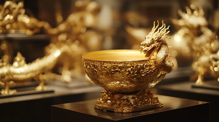 A beautifully crafted golden bowl featuring a dragon design, surrounded by other intricate golden sculptures.