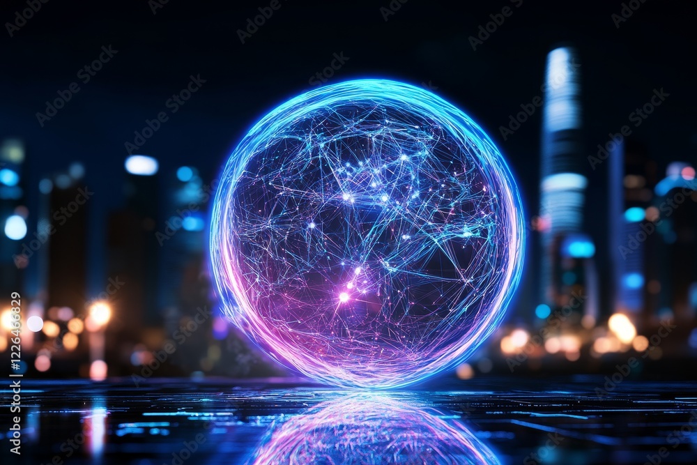 Poster a glowing sphere adorned with intricate patterns glowing in the night - a mesmerizing glowing sphere