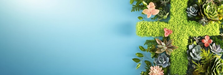 A Lush Vibrant Green Cross Surrounded by Colorful Flowers and Succulents - A beautifully crafted green cross adorned with flowers and succulents symbolizing nature peace and renewal.