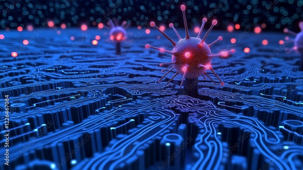 Poster a mesmerizing abstract representation of luminous viruses in a digital landscape - a captivating vie
