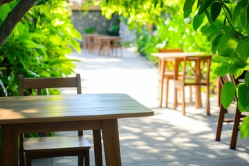 A serene closed outdoor cafe featuring rustic wood tables and vibrant greenery - A tranquil outdoor cafe with rustic wood tables surrounded by lush greenery, evoking peace and relaxation amidst nature