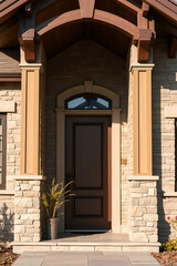 Fototapeta premium Elegant Home Entrance: Modern Stone Facade with Classic Design. Luxury Real Estate, Residential Architecture, Exterior Design
