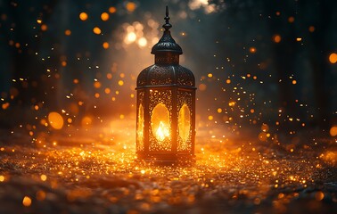 Fototapeta premium Illuminated Lantern on the Ground with Sparkling Lights Around It