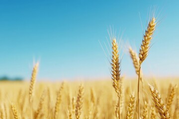 Fototapeta premium A sunlit field of golden wheat grains swaying gently - A serene wheat field symbolizing harvest, nature, growth, tranquility, and beauty under a clear blue sky.