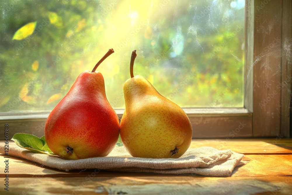 Poster fresh red and yellow pears on a rustic table by sunny window