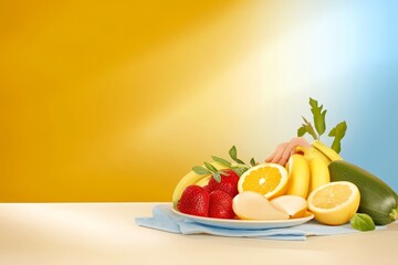 A Vibrant Kitchen Scene Featuring Joyful Fruits - A bright arrangement of fresh fruits on a plate, showcasing strawberries, bananas, lemons, and vibrant colors, symbolizing health and happiness.