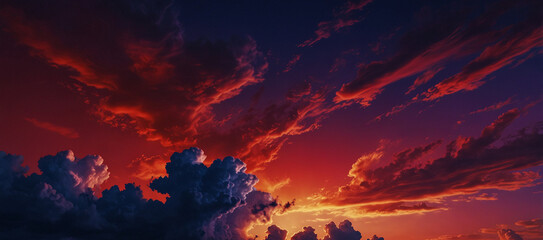 Fototapeta premium Navy blue red abstract background. Scarlet sunset in the clouds. Colorful sunset background with copy space for design. Violet red gradient. Bright modern web banner