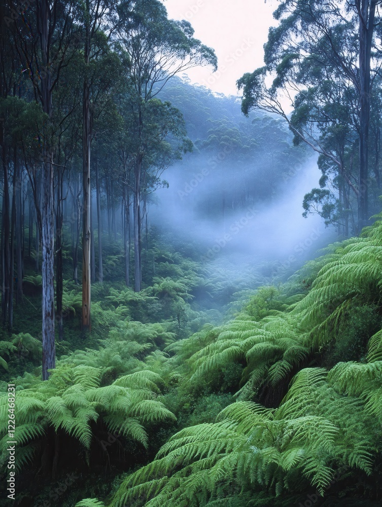 Poster lush green forest with tall trees and ferns shrouded in mist creating a serene atmosphere