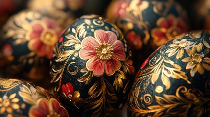 Close-up of hand-painted Easter eggs with intricate floral designs. Perfect for holiday promotions, DIY projects, or artistic craft content.