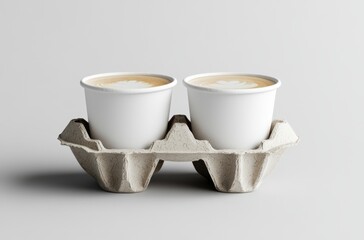Two disposable coffee cups with latte art in a cardboard carrier.