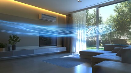 Fototapeta premium Innovative air conditioning system visualized with cool air flow in a modern living room