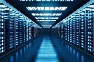 Futuristic Data Center Corridor with Cool Blue Lighting Effects