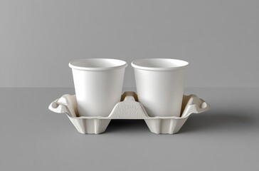 Two blank white disposable cups in a cardboard carrier on a gray background.