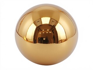 Shiny golden sphere with smooth surface reflecting a room interior on a white background