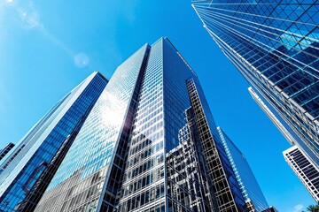 High-rise glass buildings shown from a low angle against a vibrant blue sky, reflecting sunlight. Concept of urban architecture and business. Ai generative