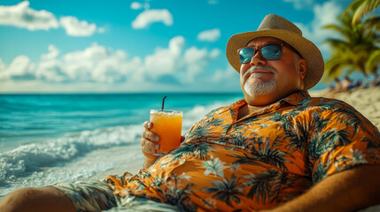 A fat man in a Hawaiian shirt and sunglasses relaxes on a sandy beach