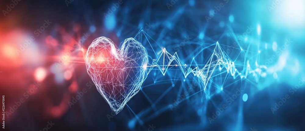 Aufkleber abstract digital heart with connected lines and glowing lights on a blurred background