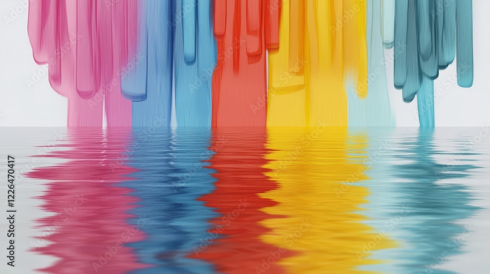 Poster colorful ink drips reflecting in water - a vibrant display of colorful ink drips above calm water, c