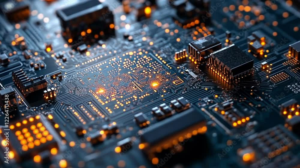 Poster close up view of a complex electronic circuit board, highlighting data processing with illuminated o