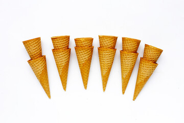 Waffle cones on white background