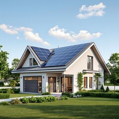 Modern House with Solar Panels - Sustainable Home, Two-Story Design, Green Energy - Ideal for Real Estate, Architecture, and Eco-Friendly Living Concepts
