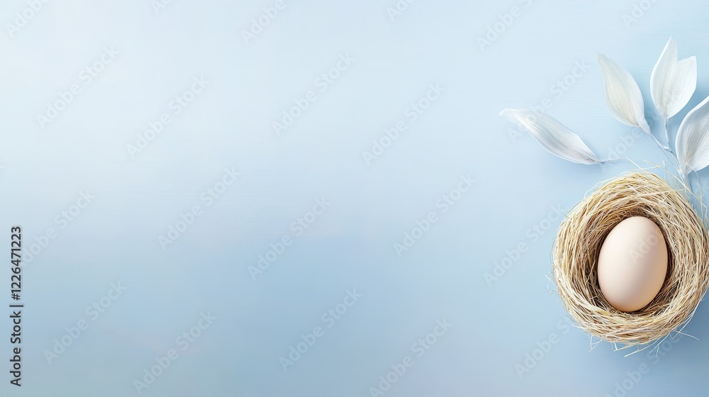 Poster elegant nest with egg and leaves on blue background - a serene composition featuring a nest with an 