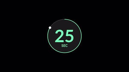 30 second circle countdown animation on black background, 30 seconds timer countdown with alpha channel, thirty seconds circular countdown.