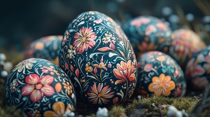 Close-up of hand-painted Easter eggs with intricate floral designs. Perfect for holiday promotions, DIY projects, or artistic craft content.