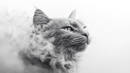 ultra realistic pencil drawing of a cat also made of cloud, with steaming and smooth clouds