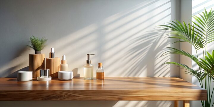 Minimal wooden counter with natural decor and skincare products in soft sunlight