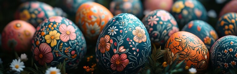 Close-up of hand-painted Easter eggs with intricate floral designs. Perfect for holiday promotions, DIY projects, or artistic craft content.